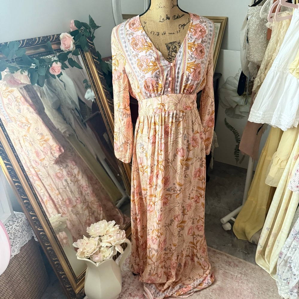 Peach Floral Bohemian Maxi Dress